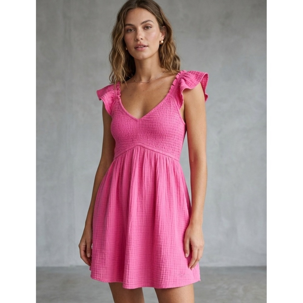 Hollister Pink Smocked Flutter Sleeve Gauze Mini Romper XS